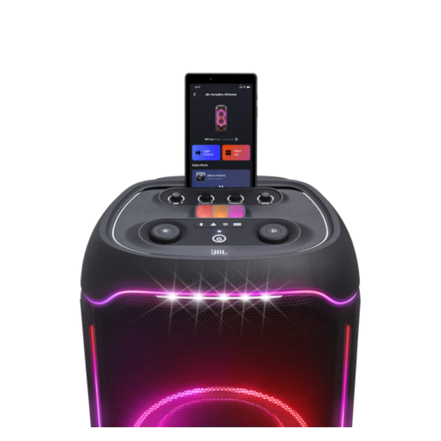Open box JBL PartyBox Ultimate Bluetooth wireless party speaker in black, featuring large speaker drivers and control panel.