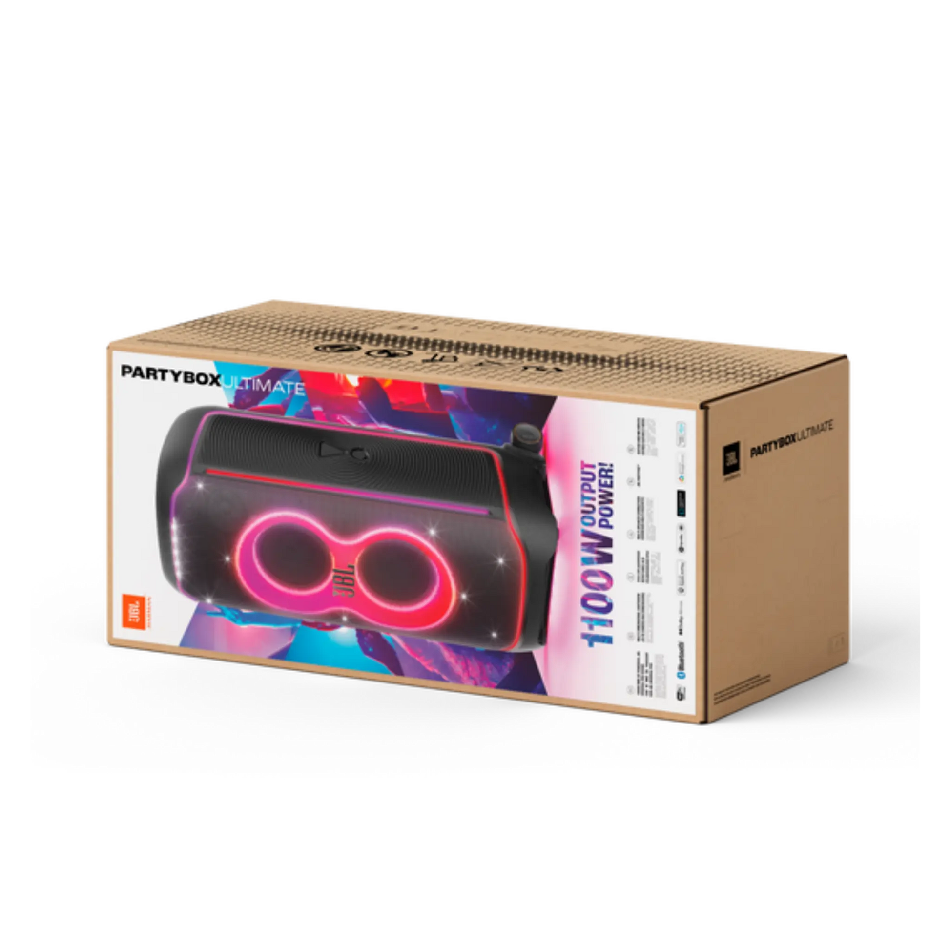Open box JBL PartyBox Ultimate Bluetooth wireless party speaker in black, showing its large speaker grille and control panel.