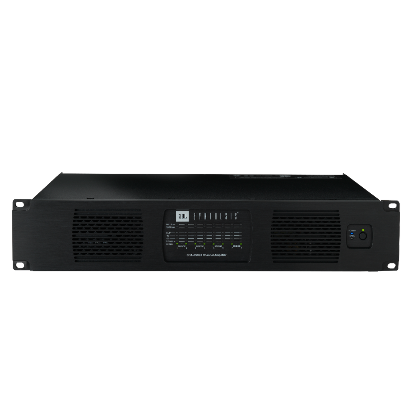 JBL SDA-8300 power amplifier showing front panel with control knobs and ventilation grills, professional audio equipment.