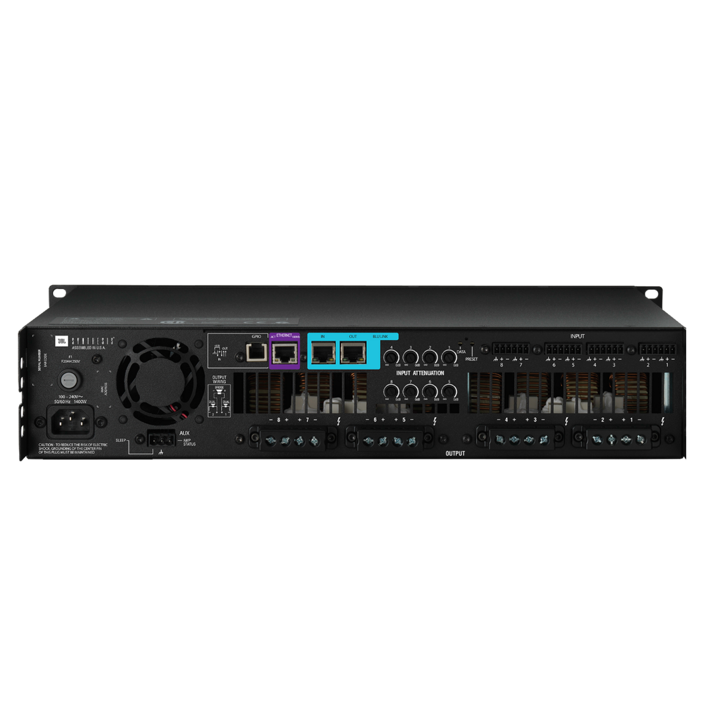 JBL SDA-8300 power amplifier showing front panel with control knobs and input/output connections.