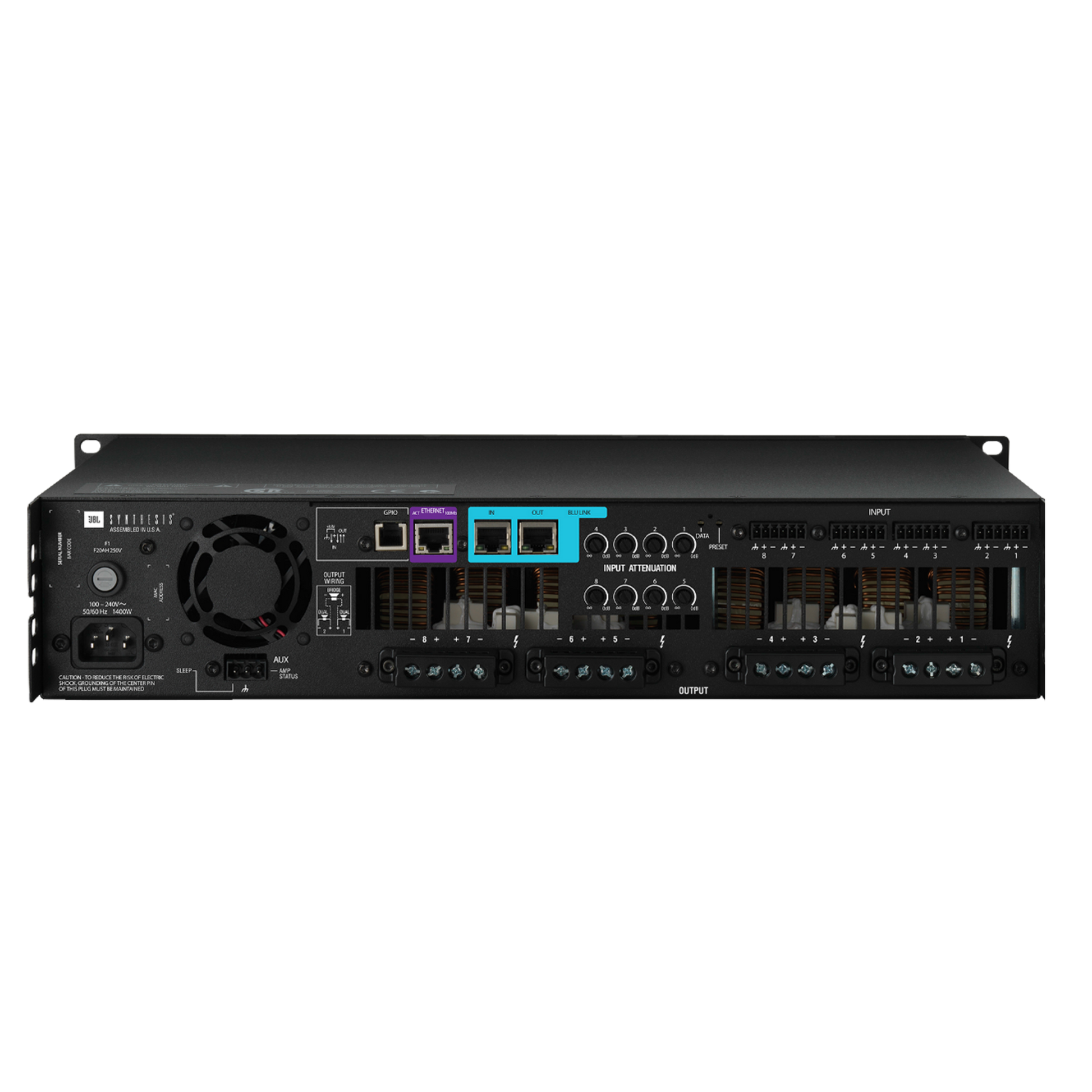 JBL SDA-8300 power amplifier showing front panel with control knobs and input/output connections.