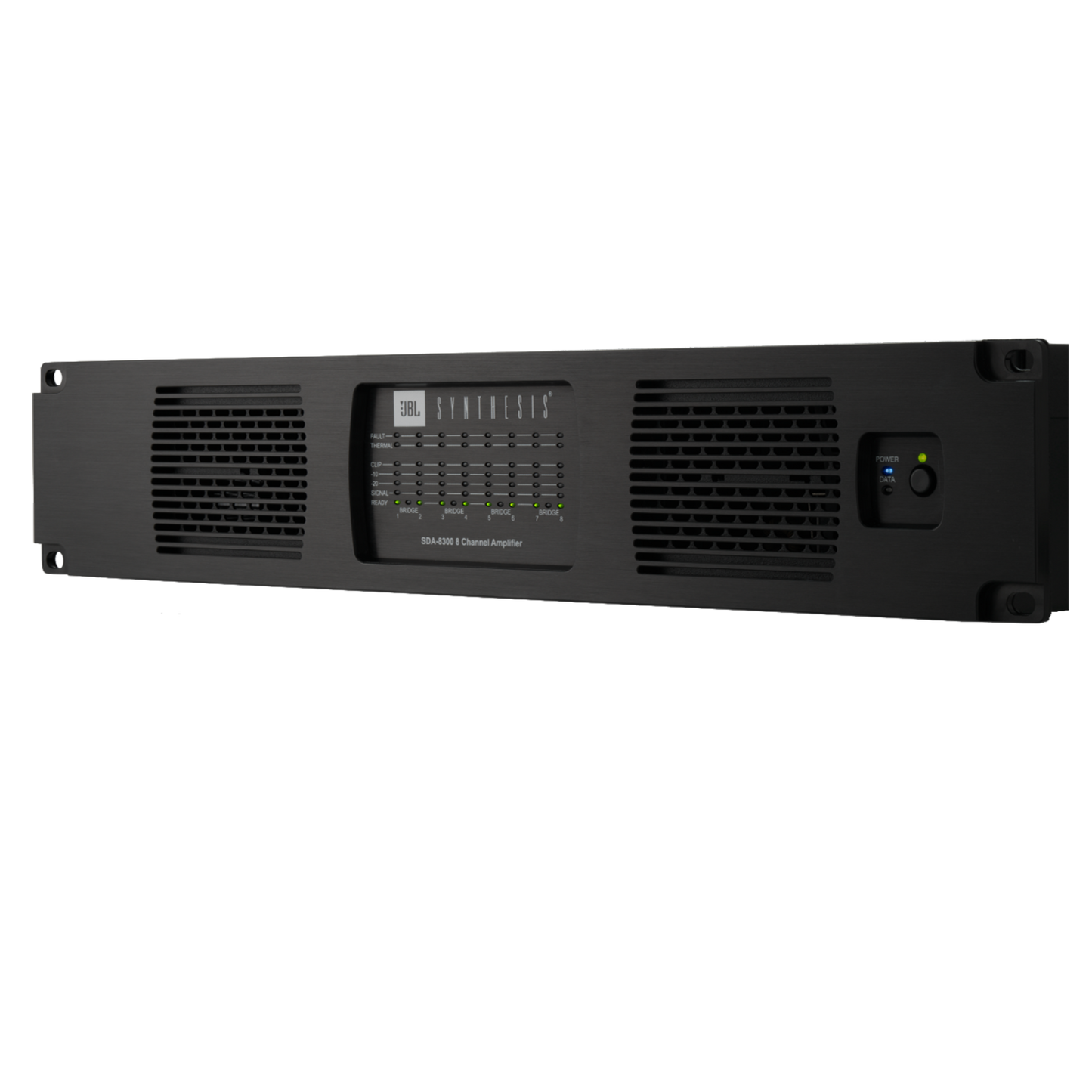 JBL SDA-8300 Power Amplifier showing front panel with control knobs and input/output connections.