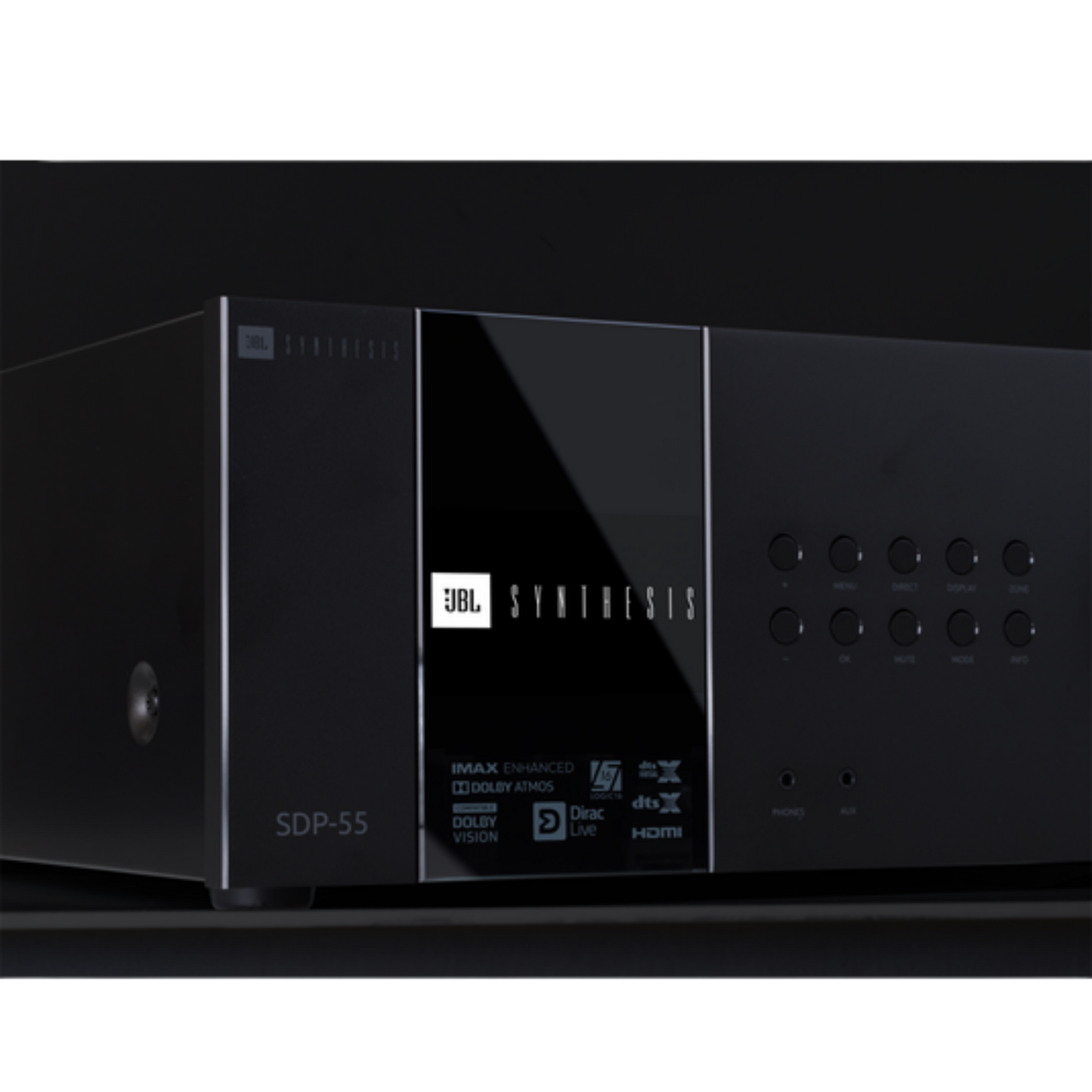 JBL SDP‑55 surround processor with multiple input ports and control knobs, designed for high-quality home theater audio.