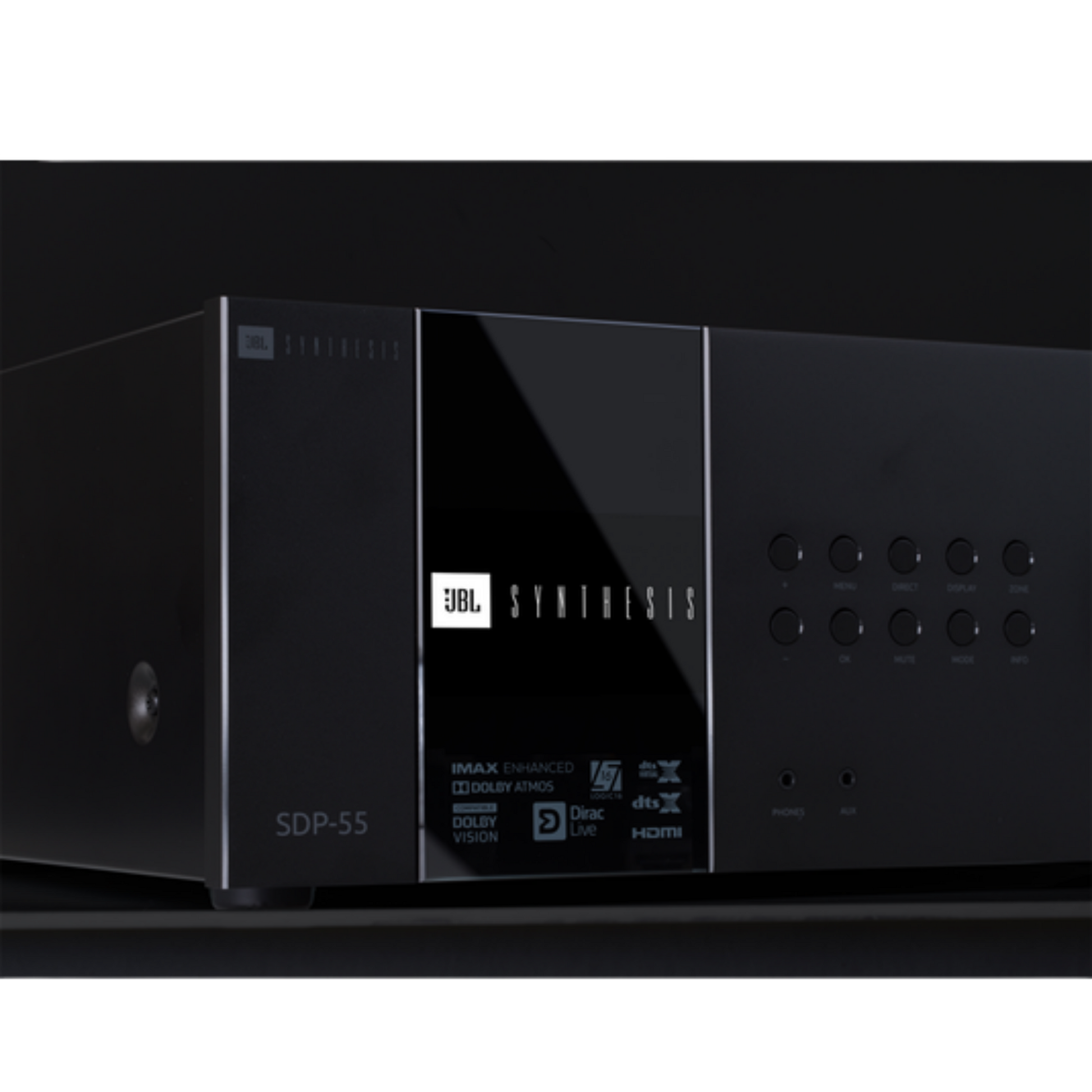 JBL SDP‑55 surround processor with multiple input ports and control knobs, designed for high-quality home theater audio.