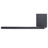 Open box JBL Bar 1300X 11.1.4 channel wireless sound bar with Dolby Atmos for home theater, shown with sleek design and remote.