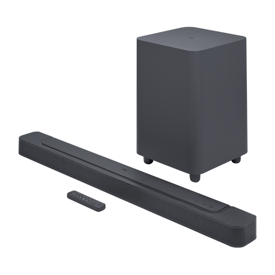 Open box JBL Bar 500 sound bar with wireless subwoofer, 590-watt 5.1 channel Dolby Atmos audio system.
