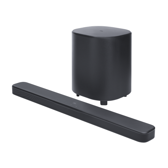 Open box JBL Bar 500 MK2 5.1 channel Dolby Atmos sound bar with wireless subwoofer, sleek design and controls visible.