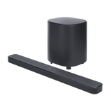 Open box JBL Bar 500 MK2 5.1 channel Dolby Atmos sound bar with wireless subwoofer, sleek design and controls visible.