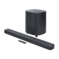 Open box JBL Bar 500 MK2 5.1 channel Dolby Atmos sound bar with wireless subwoofer, black sleek design, and remote control.