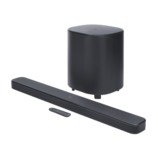 Open box JBL Bar 500 MK2 5.1 channel Dolby Atmos sound bar with wireless subwoofer, black sleek design, and remote control.