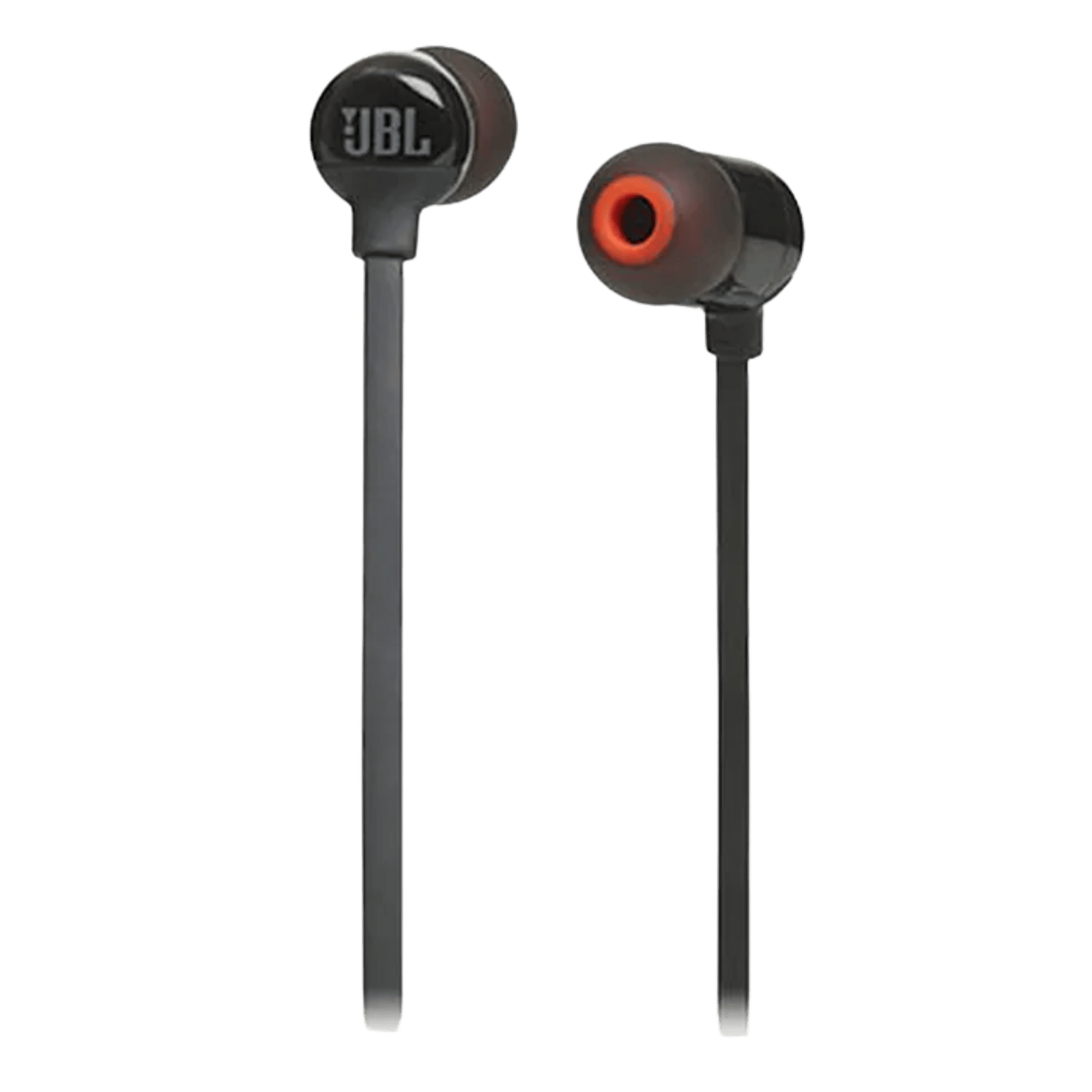 JBL Tune 110 wired in-ear headphones with black earbuds and inline remote on a white background