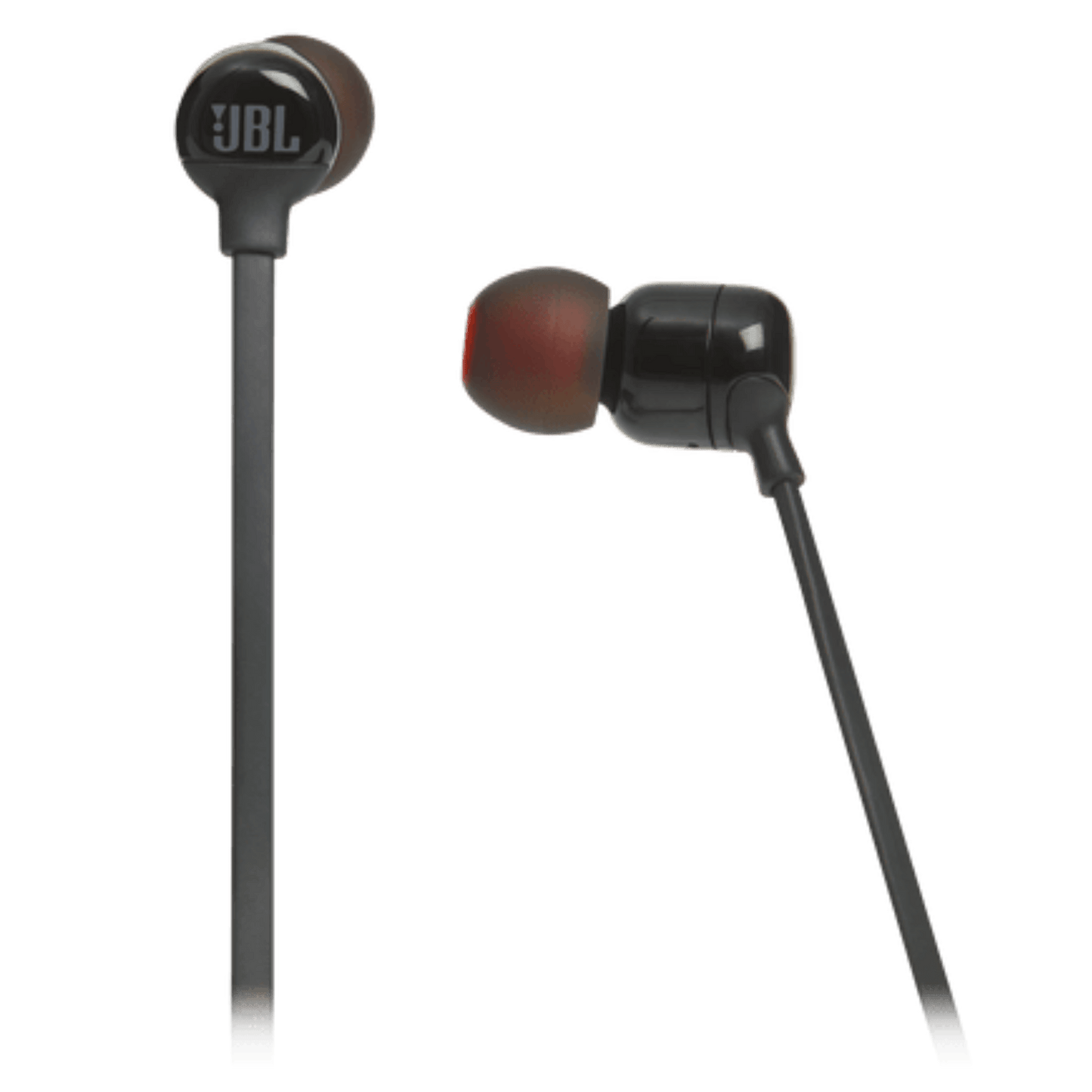 JBL Tune 110 wired in-ear headphones with black earbuds and inline remote on a white background
