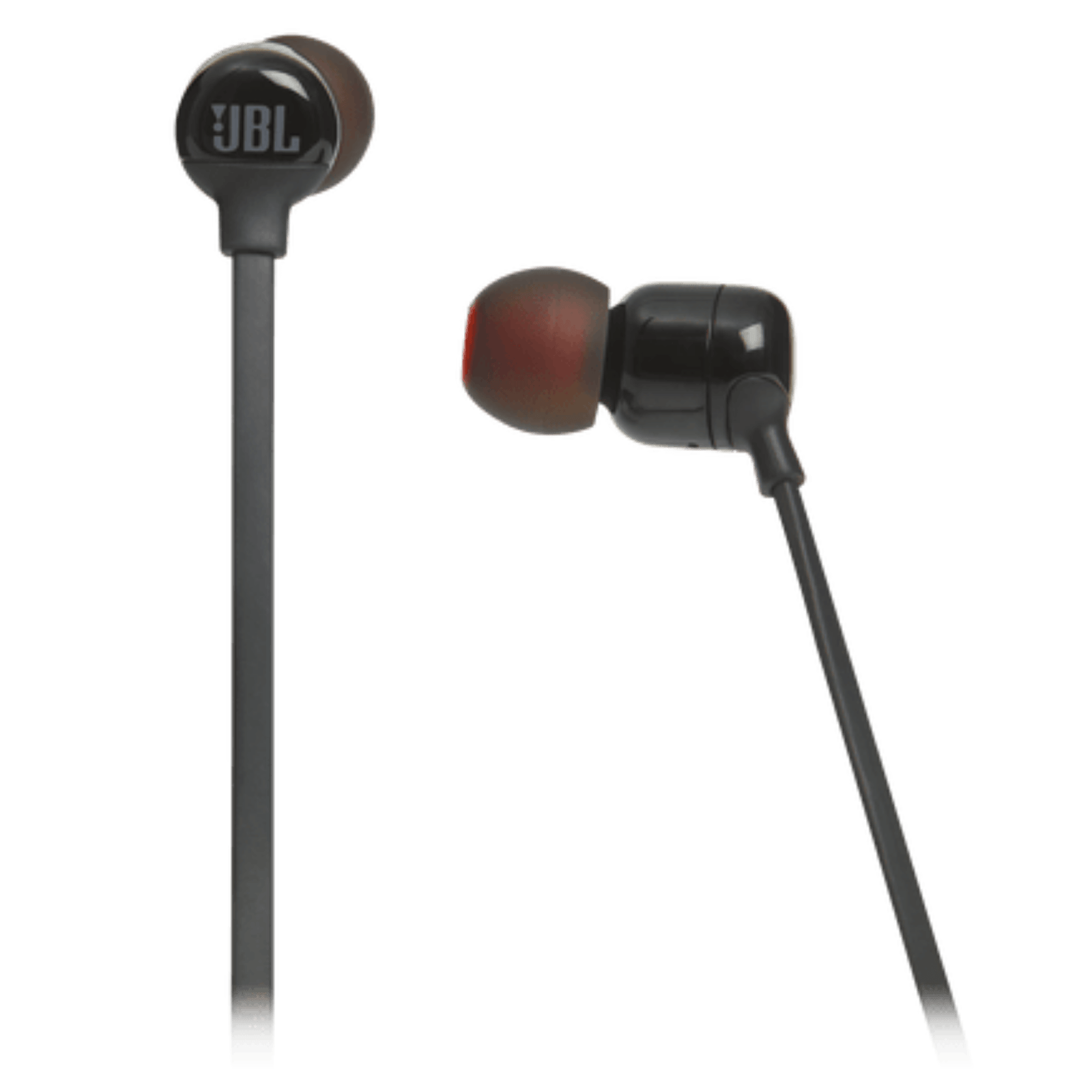 JBL Tune 110 wired in-ear headphones with black earbuds and inline remote on a white background