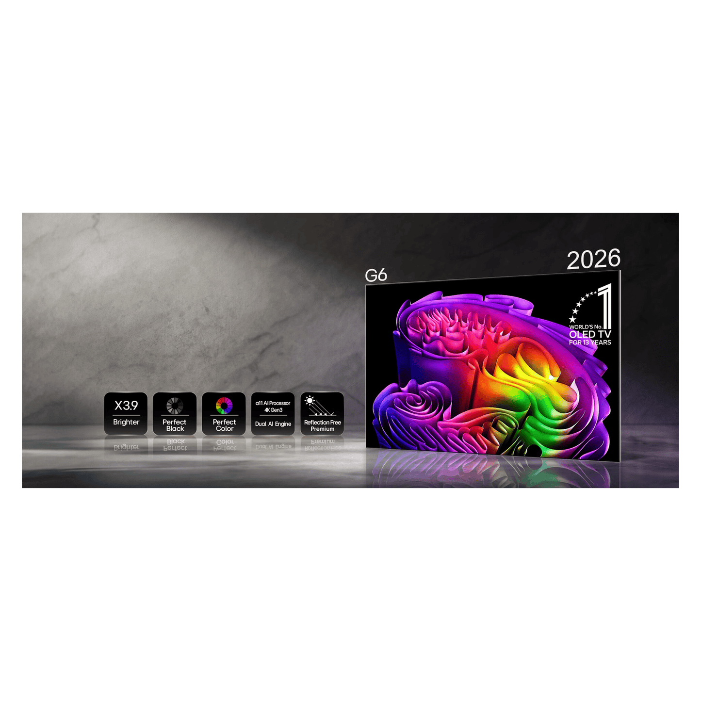 LG 77-inch OLED evo AI G6 4K Smart TV displaying vibrant images on a sleek modern screen in a living room setting