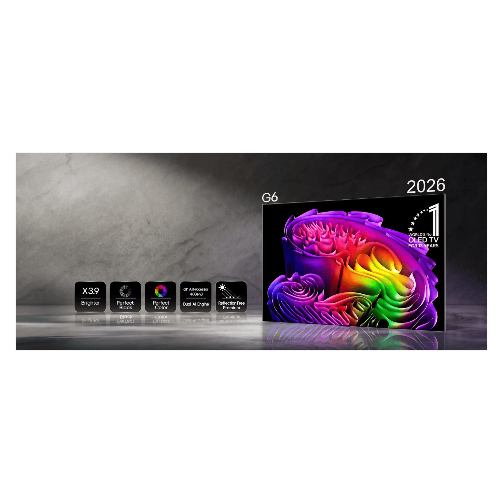 LG 83-inch OLED evo AI G6 4K Smart TV displaying vibrant 4K picture with sleek black frame and thin bezel.