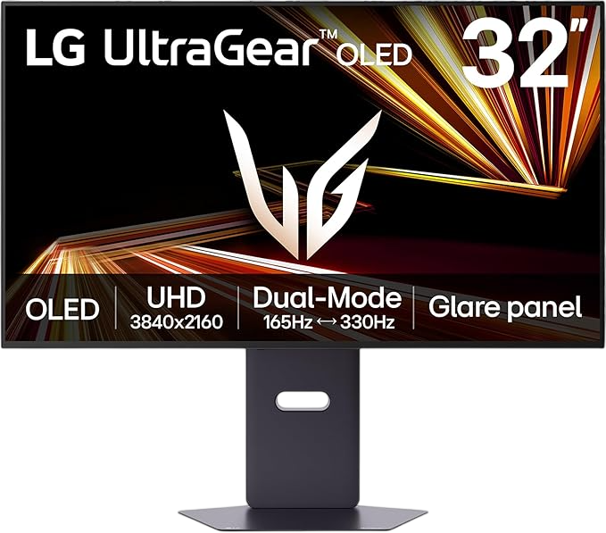 Open box LG 32-inch 4K UHD gaming monitor with OLED display, 165Hz refresh rate, G-Sync, FreeSync, and fast 0.03ms response time.
