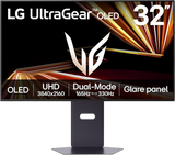 Open box LG 32-inch 4K UHD gaming monitor with OLED display, 165Hz refresh rate, G-Sync, FreeSync, and fast 0.03ms response time.