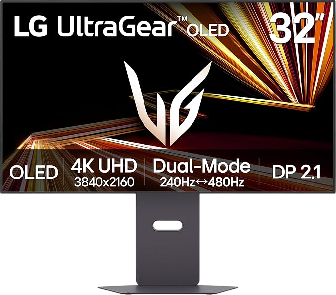 Open box LG 32-inch Ultragear OLED gaming monitor with dual-mode 4K display, HDR, and sleek black design.