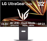 Open box LG 32-inch Ultragear OLED gaming monitor with dual-mode 4K display, HDR, and sleek black design.