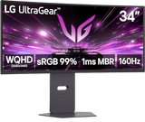 Open box LG 34-inch WQHD curved gaming monitor with 160Hz refresh rate, 5ms response time, FreeSync, in black.