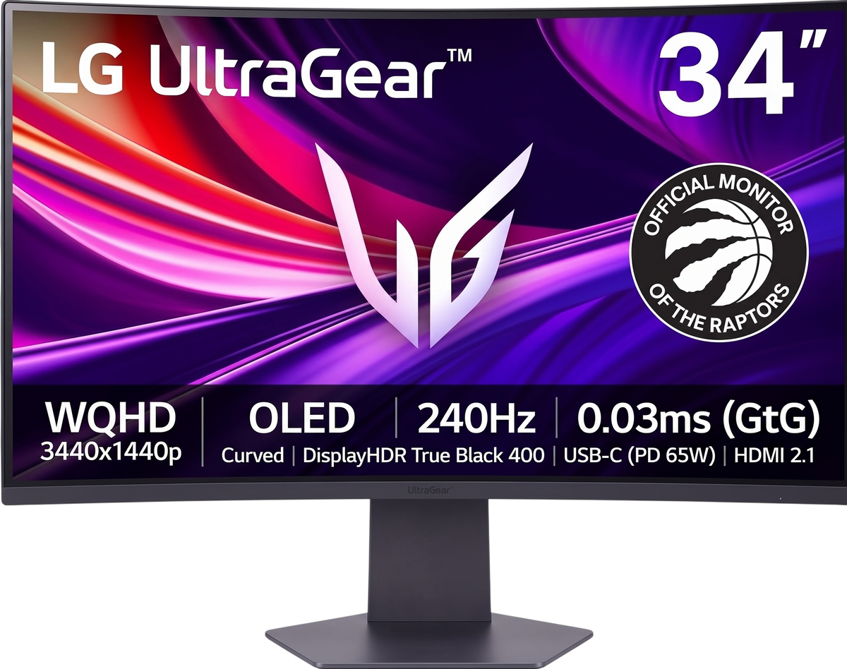 Open box LG 34-inch WQHD curved OLED gaming monitor with 240Hz refresh rate, 0.03ms response time, G-Sync, and FreeSync in black.