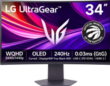 Open box LG 34-inch WQHD curved OLED gaming monitor with 240Hz refresh rate, 0.03ms response time, G-Sync, and FreeSync in black.