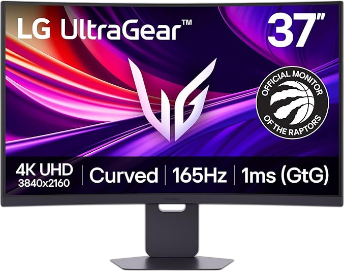 Open box LG 37-inch UltraGear G8 gaming monitor with 4K UHD curved display, 165Hz refresh rate, and 1ms response time in black.
