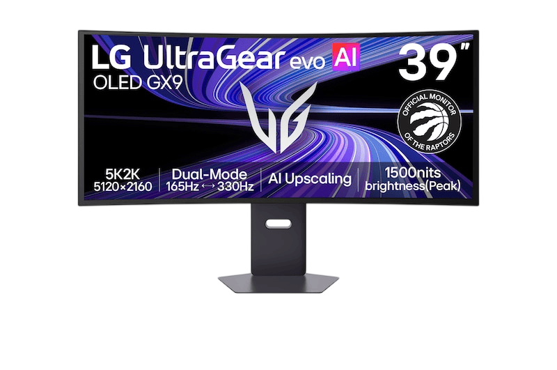 Open box LG 39-inch UltraGear evo 5K curved OLED gaming monitor with 165Hz refresh rate, G-Sync, FreeSync, and sleek black design.