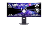 Open box LG 39-inch UltraGear evo 5K curved OLED gaming monitor with 165Hz refresh rate, G-Sync, FreeSync, and sleek black design.