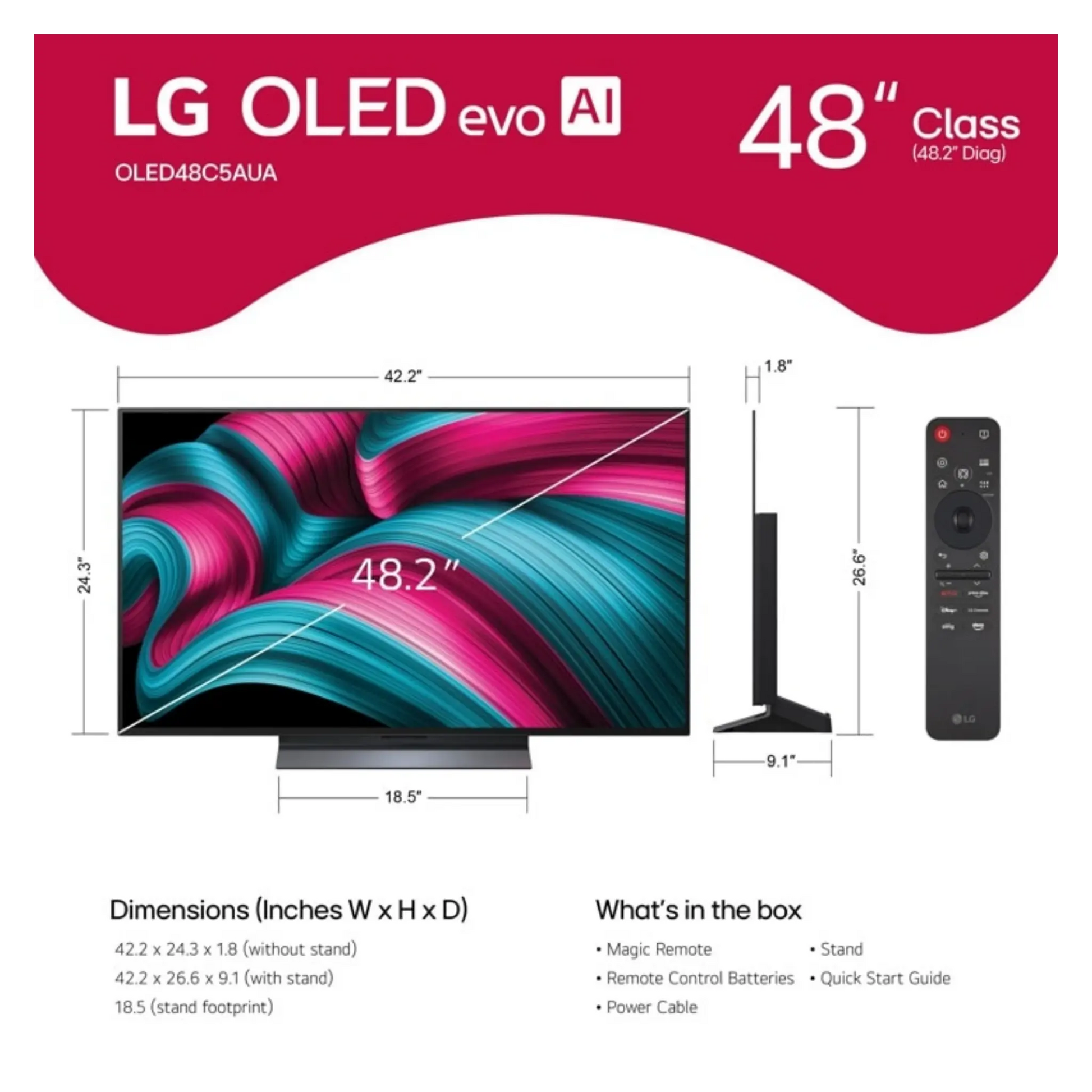Open box LG 48" C5 4K UHD HDR OLED Smart TV showing a sleek black screen and slim design.
