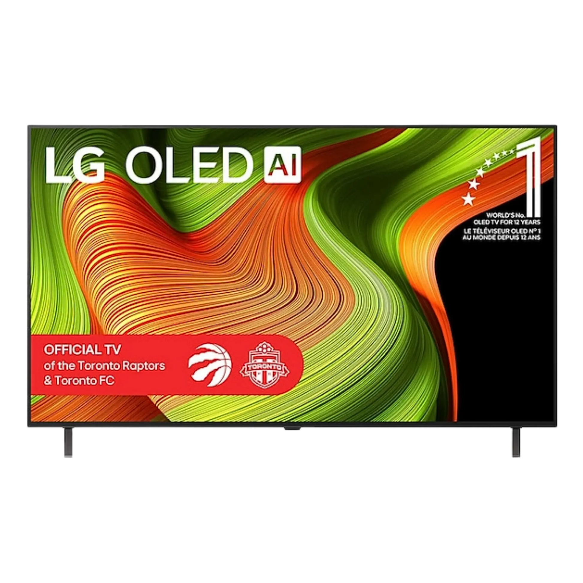 Open box LG 55-inch B5 4K UHD HDR OLED Smart TV displaying vibrant images, sleek design, and slim profile.