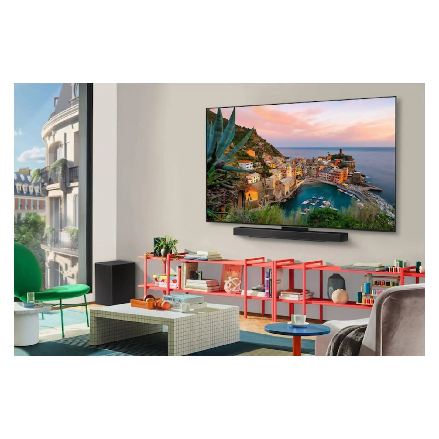 Open box LG 65-inch C5Y 4K UHD HDR OLED Smart TV displaying vibrant images and sleek design from front angle.