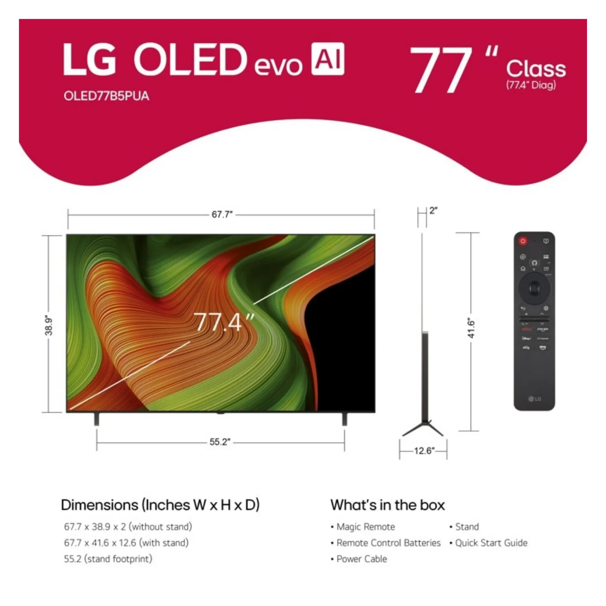 Open box LG 77-inch B5 4K UHD HDR OLED Smart TV showing screen with vibrant display and sleek black frame.