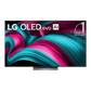 Open box LG 77-inch C5 4K UHD HDR OLED Smart TV displaying vibrant images on screen, sleek black design, and thin bezels.