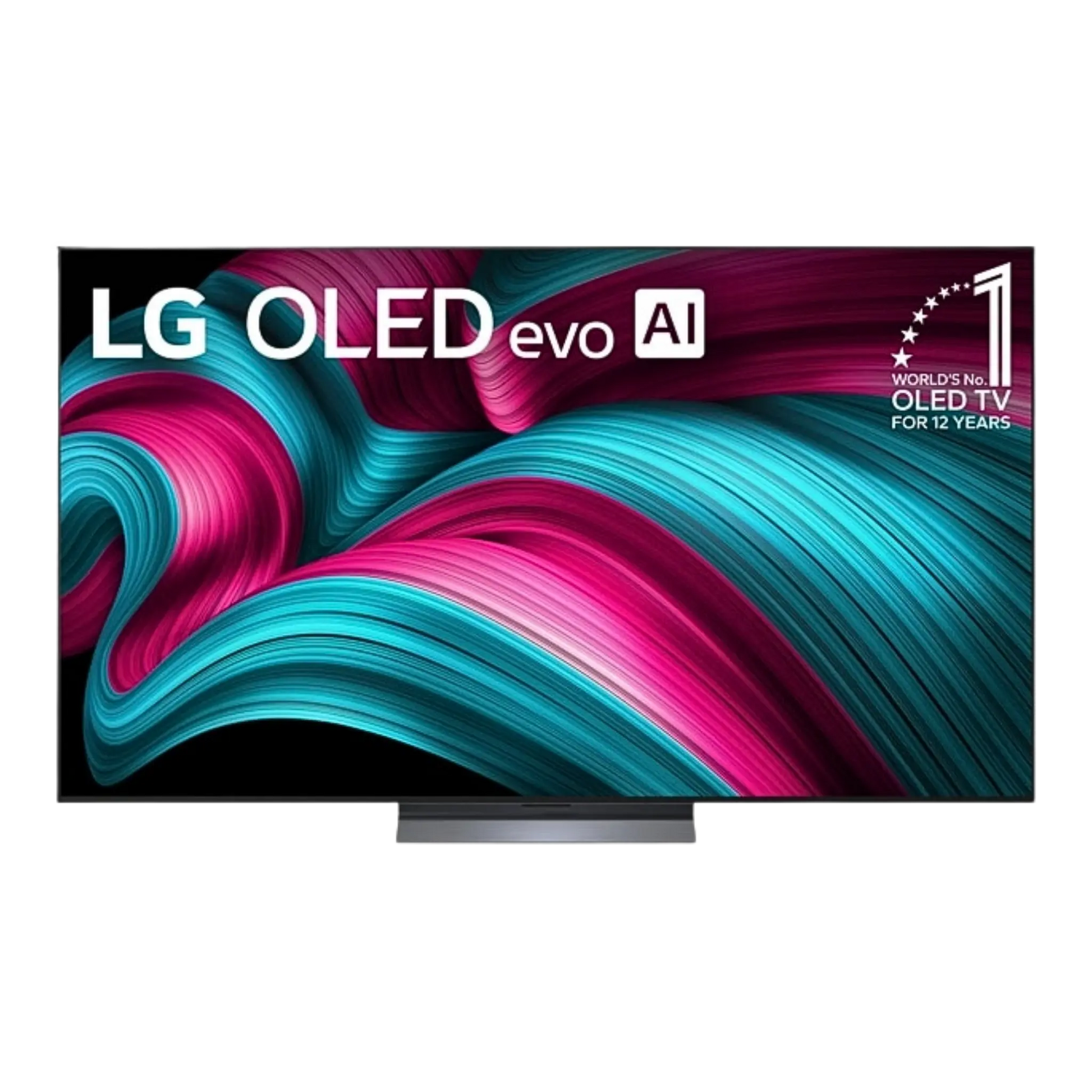 Open box LG 77-inch C5 4K UHD HDR OLED Smart TV displaying vibrant images on screen, sleek black design, and thin bezels.