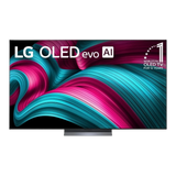 Open box LG 77-inch C5 4K UHD HDR OLED Smart TV displaying vibrant images on screen, sleek black design, and thin bezels.