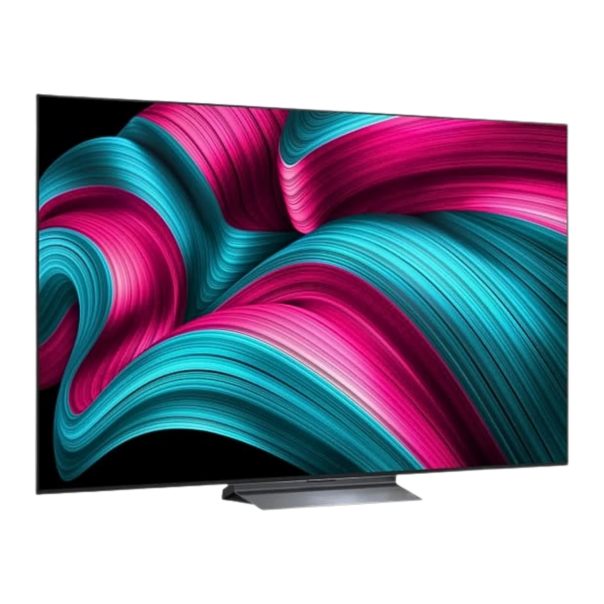 Open box LG 77-inch C5 4K UHD HDR OLED Smart TV displaying vibrant images and sleek black design.