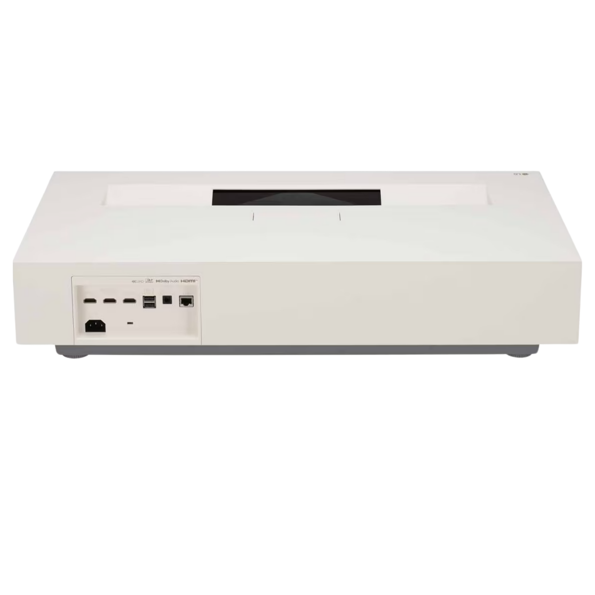LG CineBeam HU915QE 4K Laser Projector showing a sleek black laser model with a wide lens and modern design.