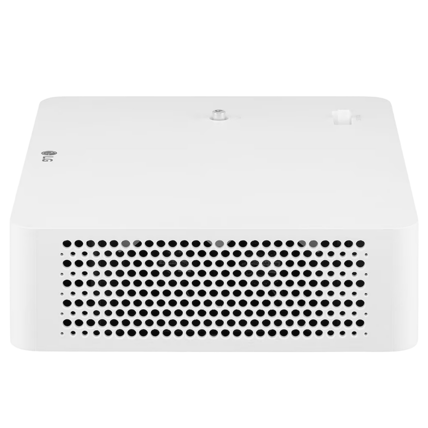 LG CineBeam PF610P full HD smart portable projector showing a bright image against a wall in a home theater setup.