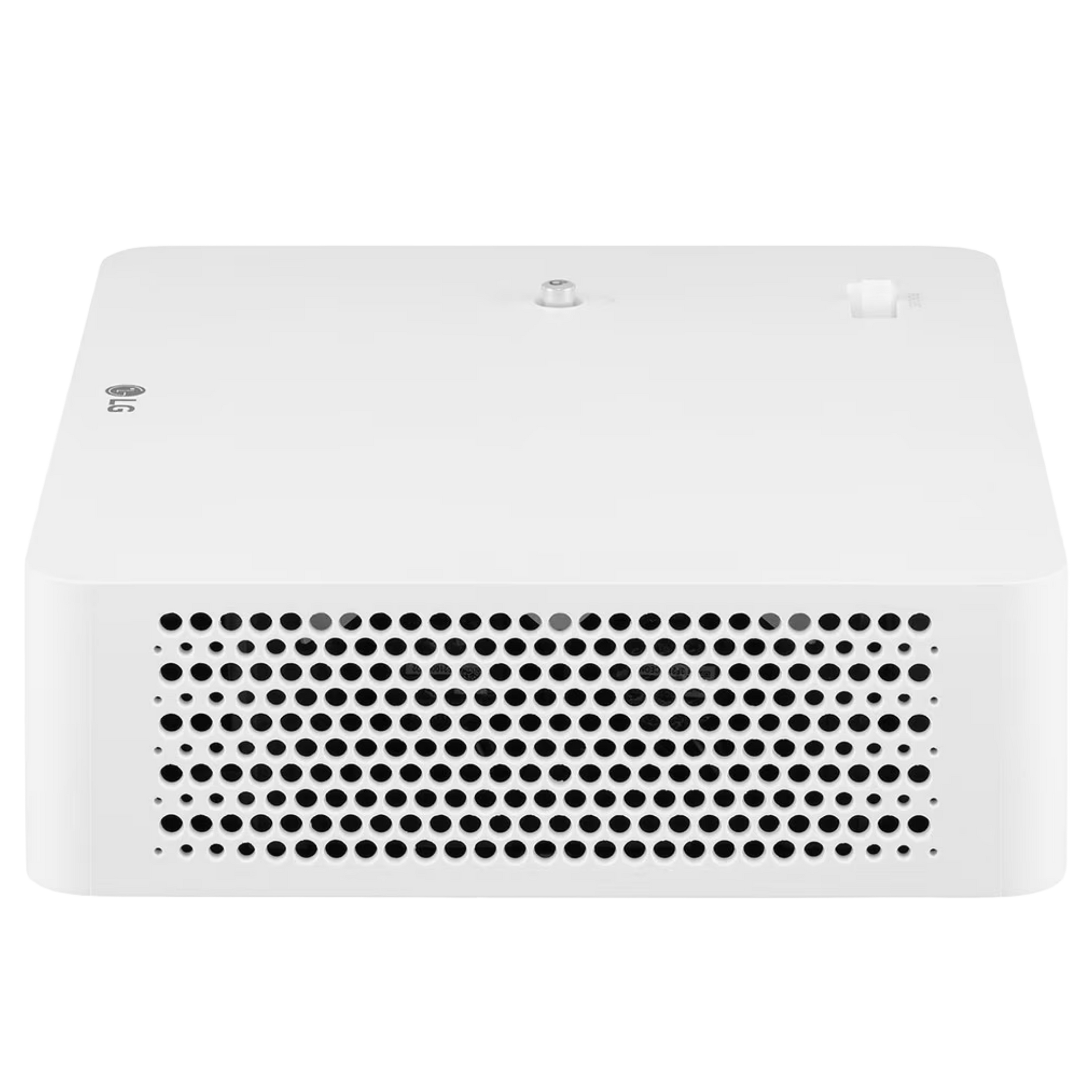 LG CineBeam PF610P full HD smart portable projector showing a bright image against a wall in a home theater setup.