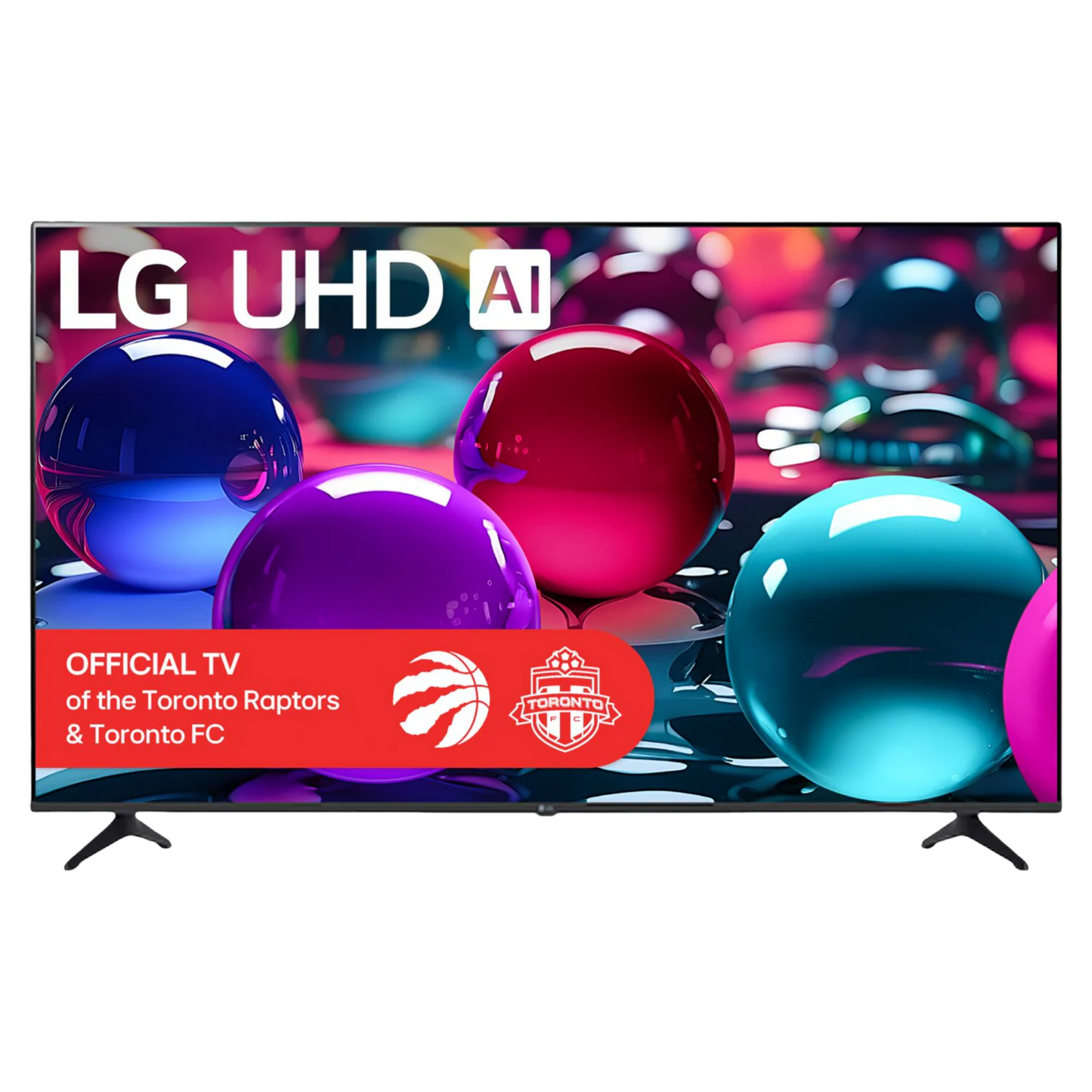 LG 65-inch UA7000 4K UHD HDR LED Smart TV displaying vibrant home screen with sleek black bezel and slim design.