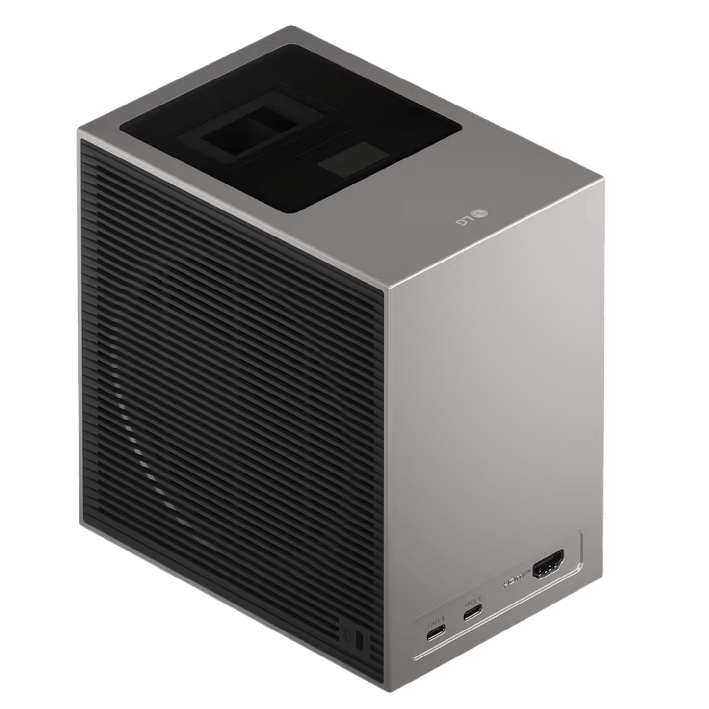 LG CineBeam S PU615U ultra short throw 4K projector with Dolby Atmos, showcasing a sleek design and lens close-up.