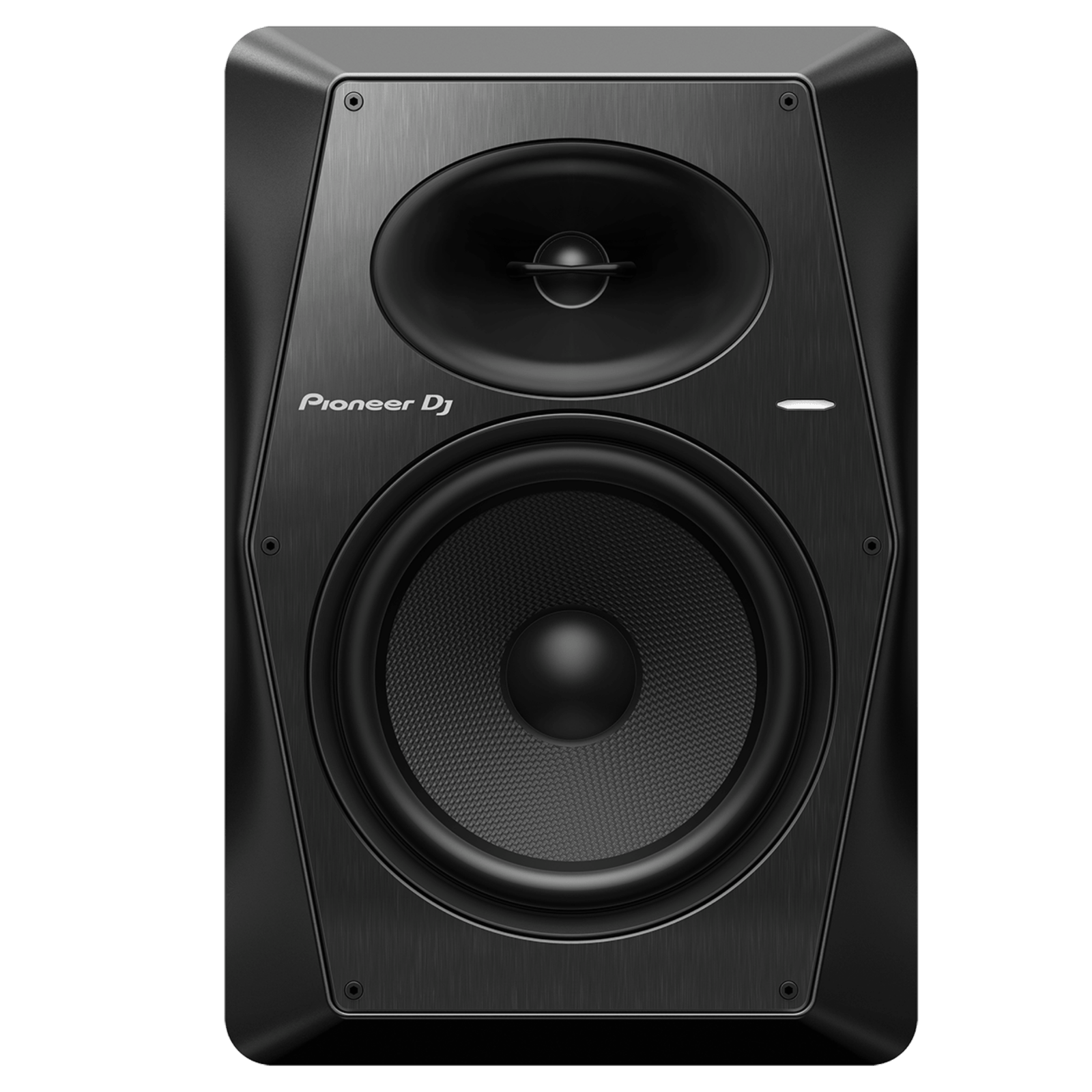 Pioneer DJ VM-50 active speakers with sleek black design and front-facing speaker grille, ideal for professional audio setups.