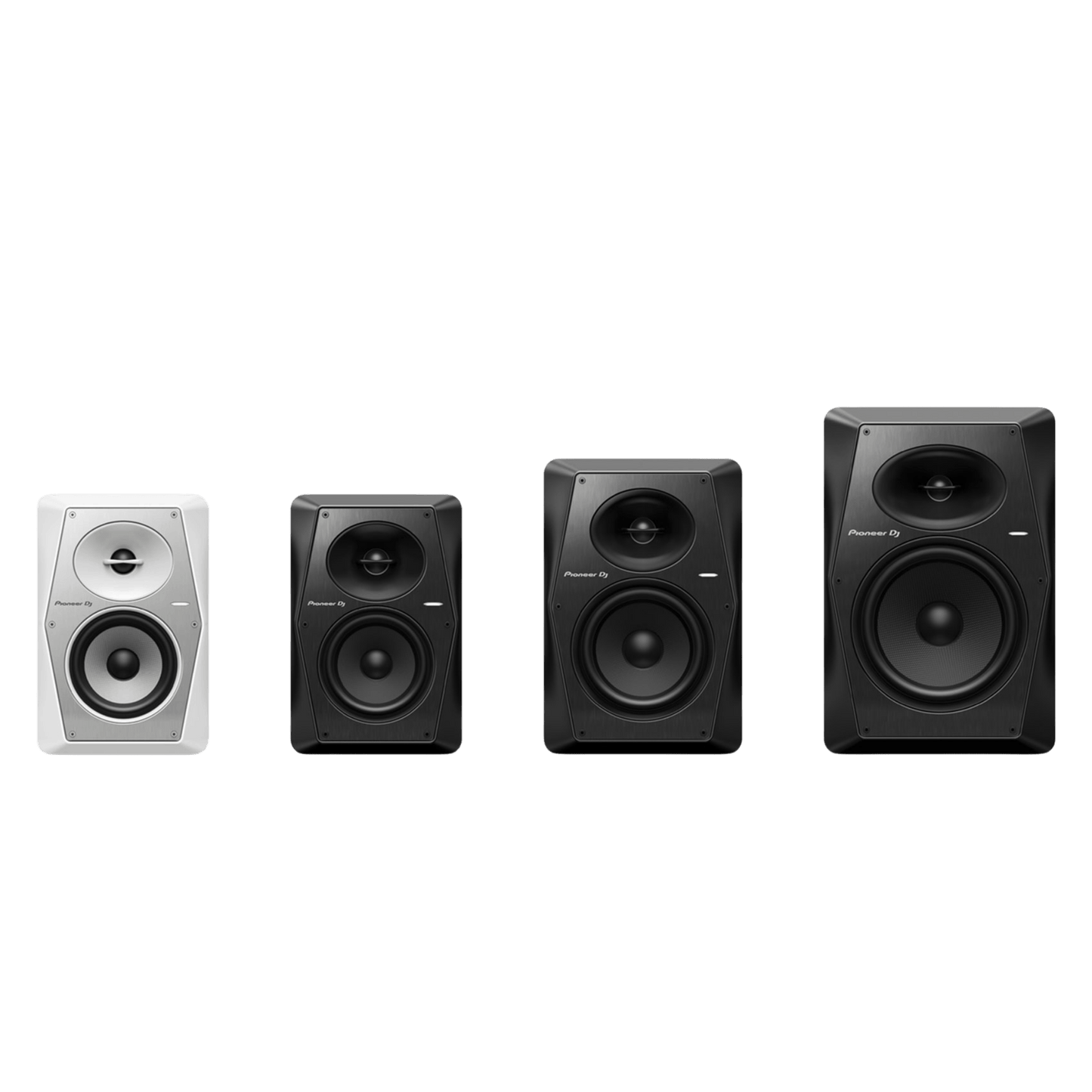 Pioneer DJ VM-50 active speakers with sleek black design, featuring front grille and control knobs for professional audio setup.