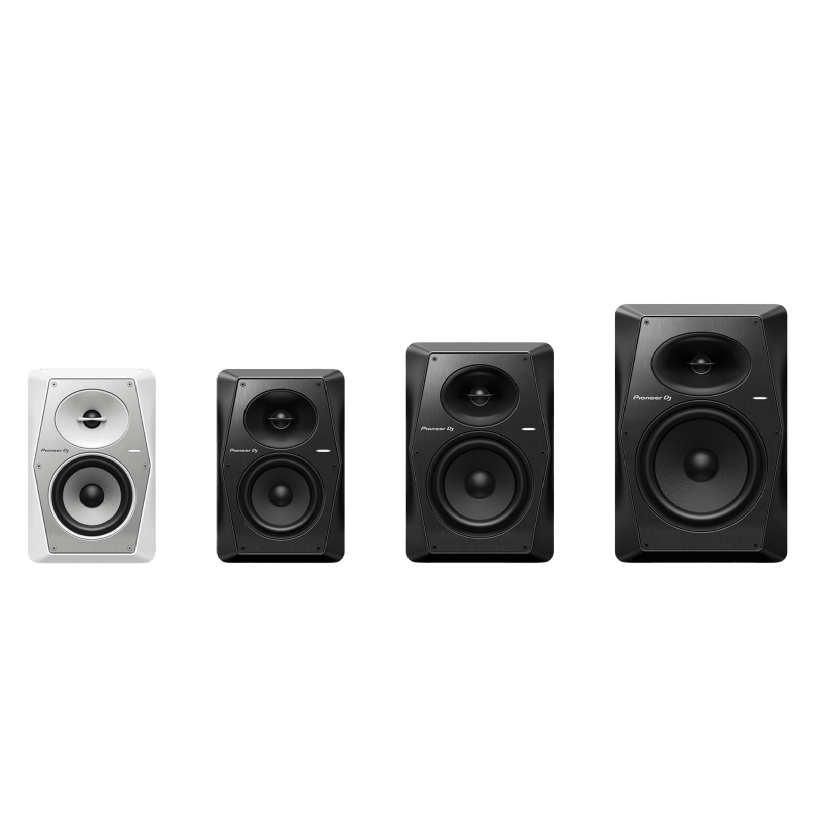 Pioneer DJ VM-50 active speakers with sleek black design, featuring front grille and control knobs for professional audio setup.