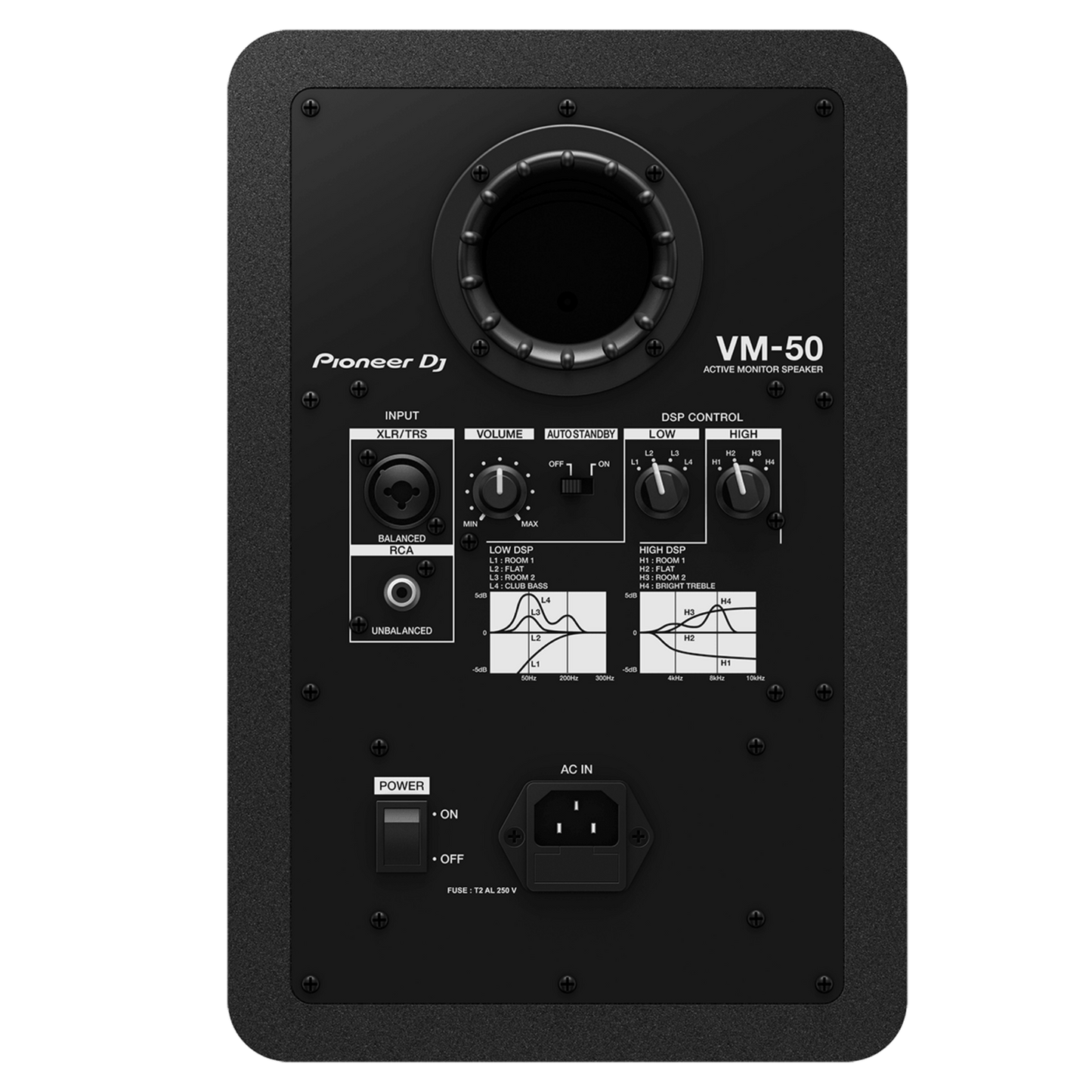 Pioneer DJ VM-50 active speakers with sleek black design and front grille, designed for professional audio monitoring.