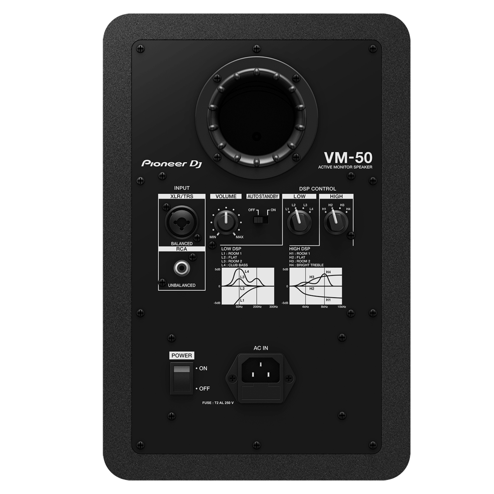 Pioneer DJ VM-50 active speakers with sleek black design and front grille, designed for professional audio monitoring.