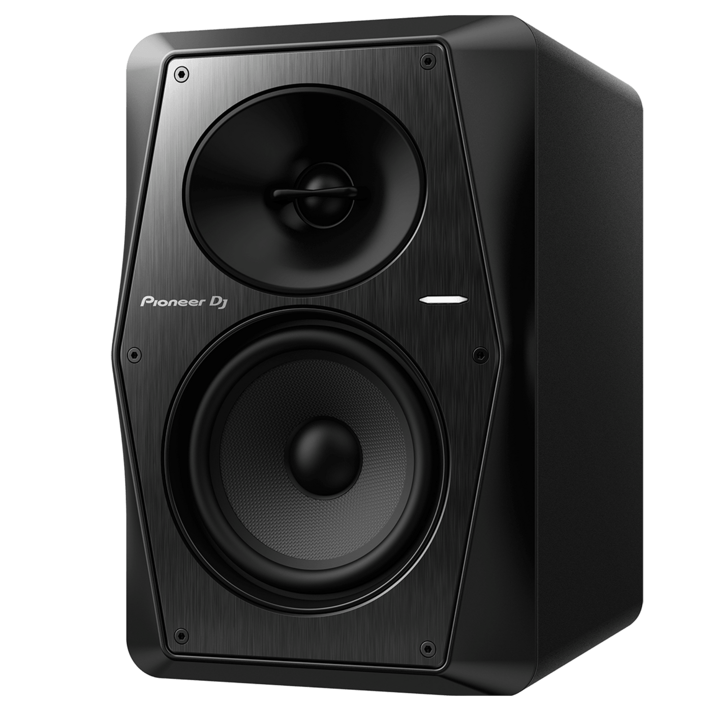 Pioneer DJ VM-50 active speakers with sleek black design, showcasing their front panel and speaker grills.