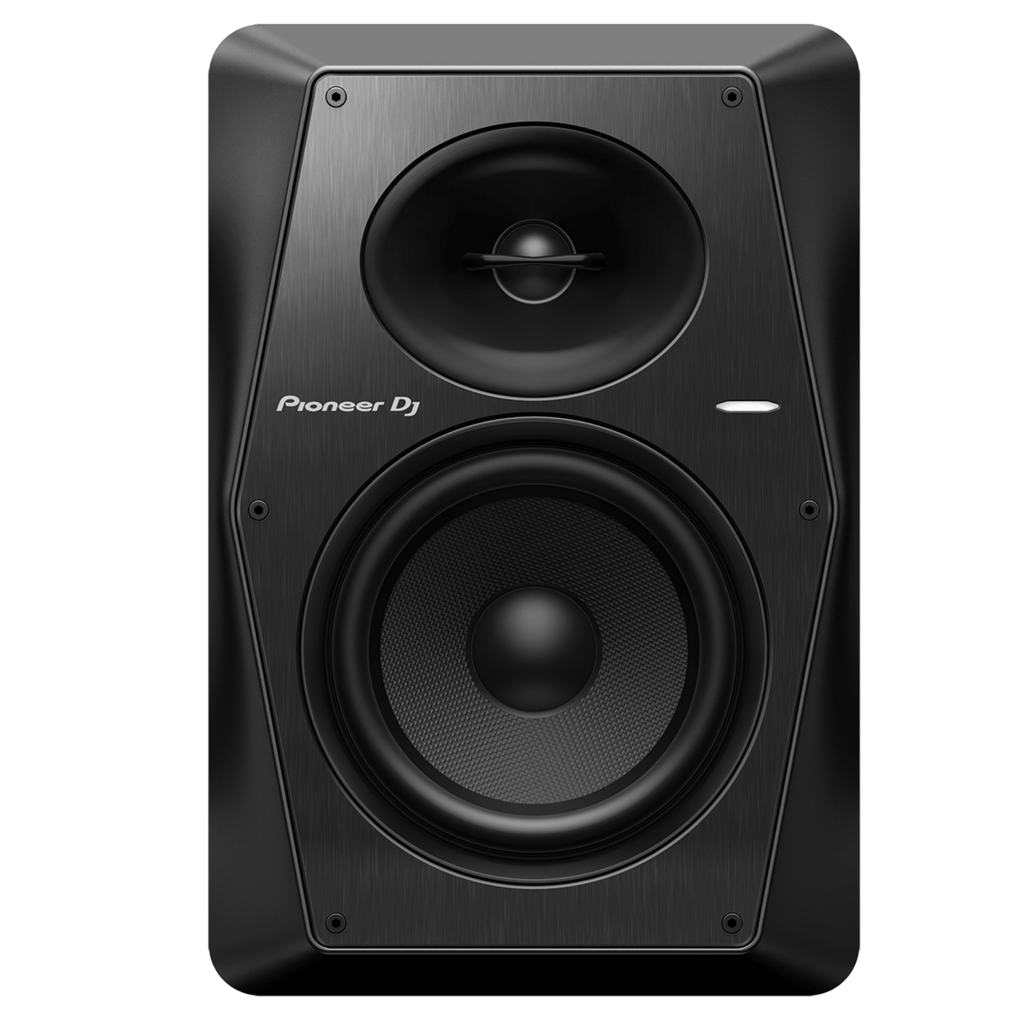 Pioneer DJ VM-70 active speakers with sleek black cabinets, showcasing their professional audio design and front grille.