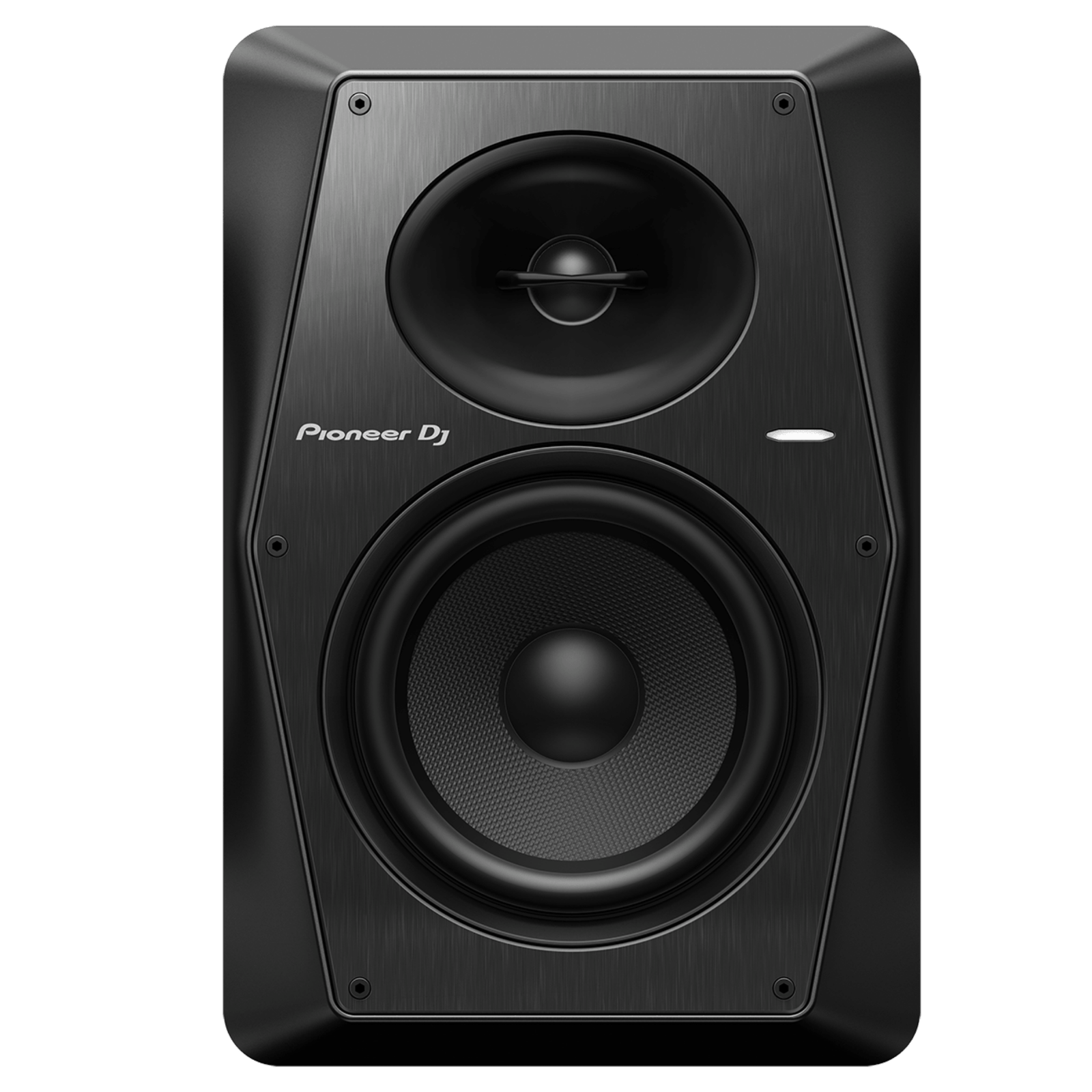 Pioneer DJ VM-70 active speakers with sleek black cabinets, showcasing their professional audio design and front grille.